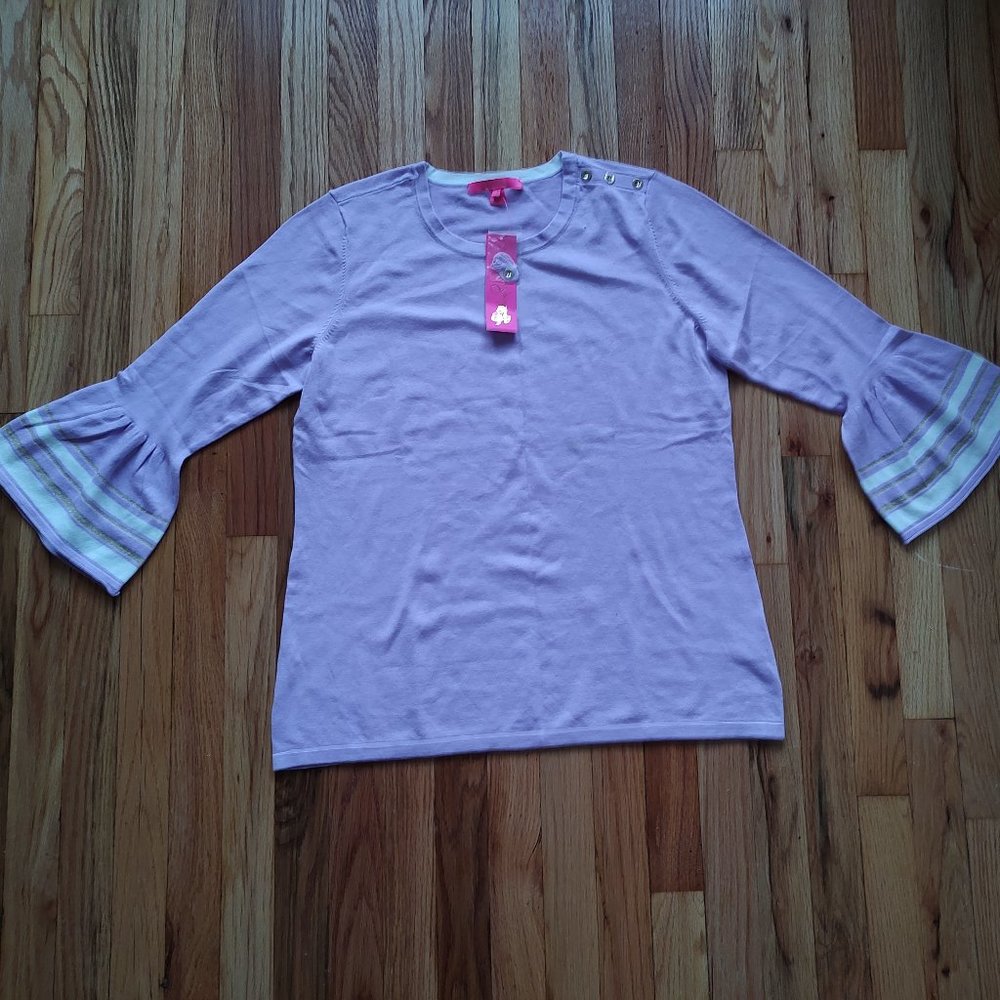 Lilly Pulitzer Callee Sweater Lilac Fressia Purple Pullover Gold White Buttons L - Picture 4 of 16